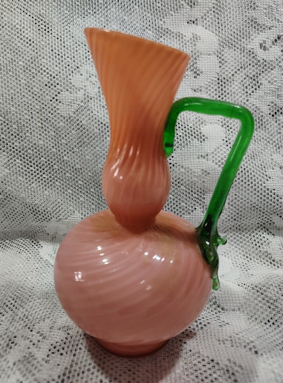 Vintage Beautiful Cased Glass Hand blown Pink Pitcher W/ Green Applied Handle